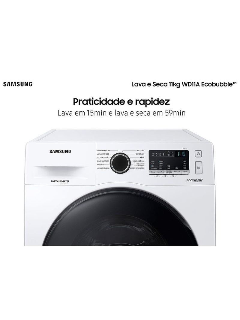 Lava e seca samsung wd11a 3 em 1 branca com ecobubble e lavagem a seco wd11a4453bw – 11 kg