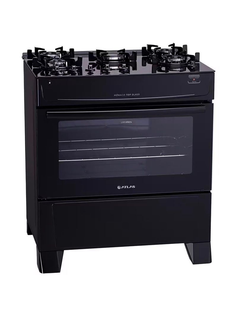 Fogão atlas 5 bocas mônaco top glass com mesa de vidro e acendimento automático bivolt – preto