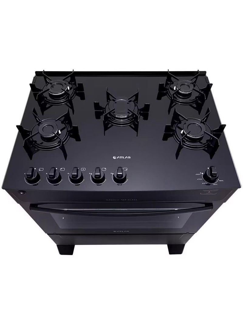 Fogão atlas 5 bocas mônaco top glass com mesa de vidro e acendimento automático bivolt – preto