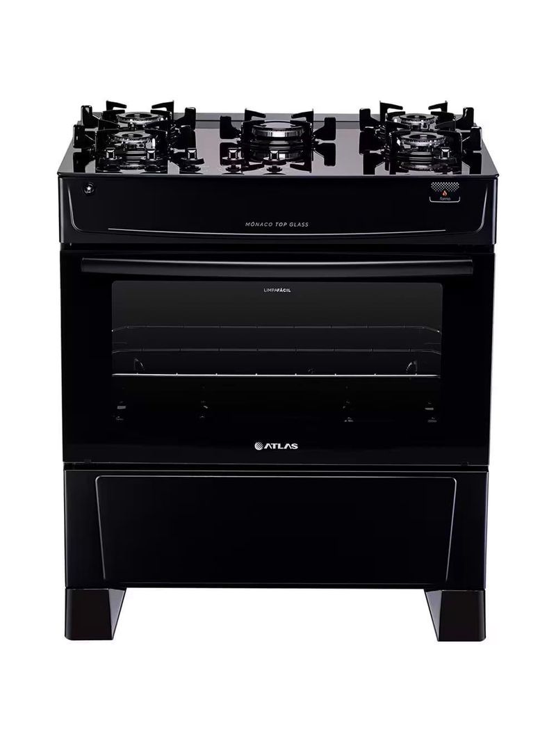 Fogão atlas 5 bocas mônaco top glass com mesa de vidro e acendimento automático bivolt – preto
