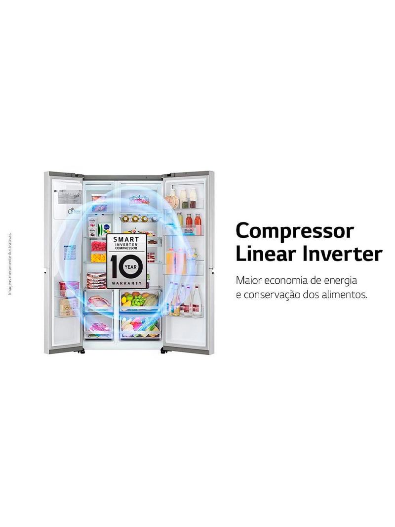 Geladeira lg frost free 598l side by side inverter gc-x257csh tecnologia instaview e uvnano aço escovado