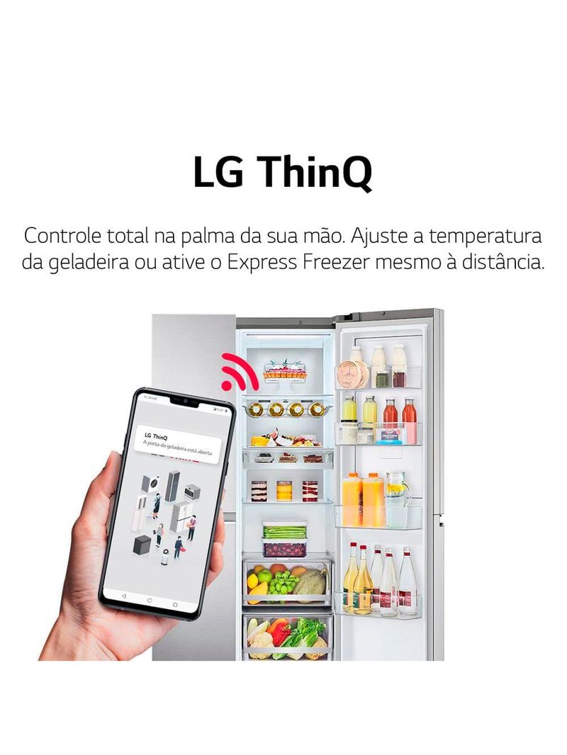Geladeira lg frost free 598l side by side inverter gc-x257csh tecnologia instaview e uvnano aço escovado