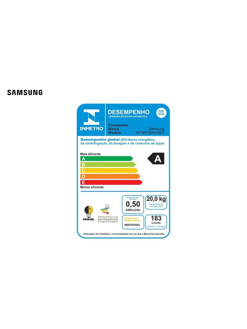 Lavadora de roupas samsung 20kg bespoke ai laundry wf90f inox