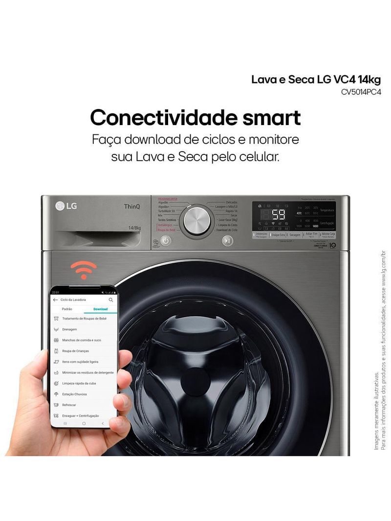 Lava e seca lg 14kg/8kg smart vc4 cv5014pc4 com inteligência artificial ai dd™ - inox