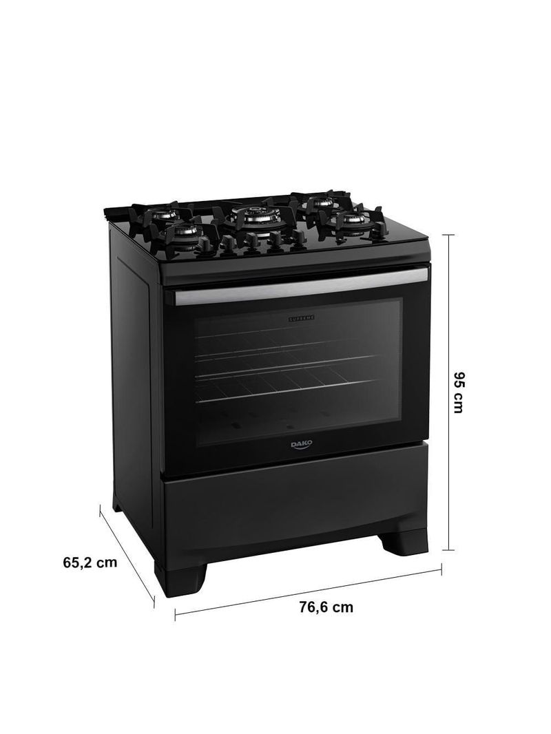 Fogão 5 bocas dako supreme glass com mesa de vidro e acendimento automático preto - bivolt