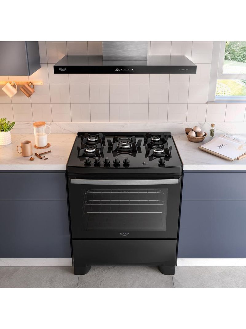 Fogão 5 bocas dako supreme glass com mesa de vidro e acendimento automático preto - bivolt