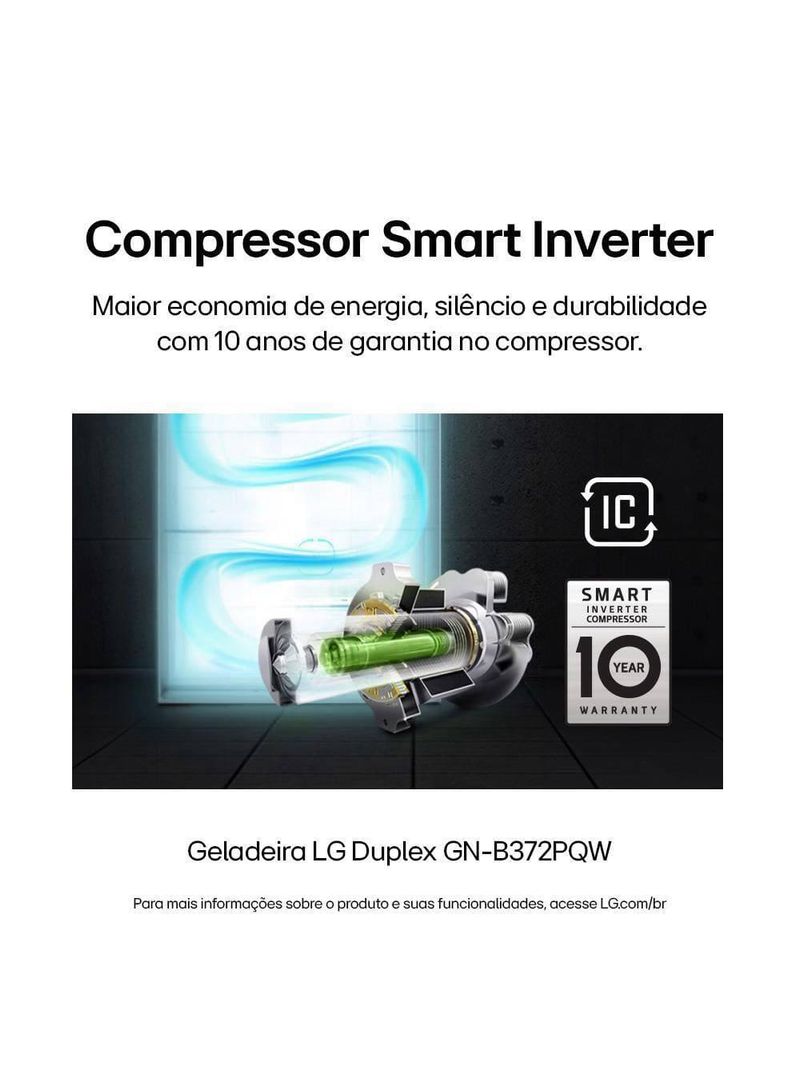 Geladeira lg frost free gn-b372pqw duplex com tecnologia smart inverter, linear cooling e multi air flow branca - 375 litros