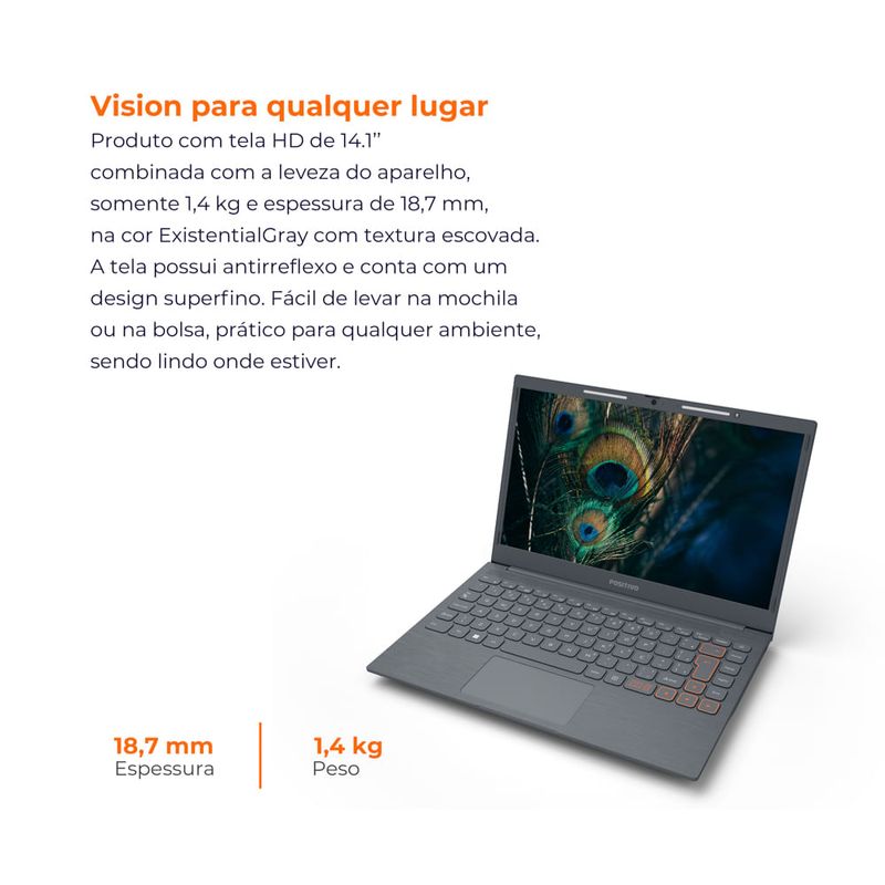 Notebook Positivo Vision C14 Intel® Celeron® Linux 4GB RAM 256GB eMMC 141” HD Lumina BAR – Cinza