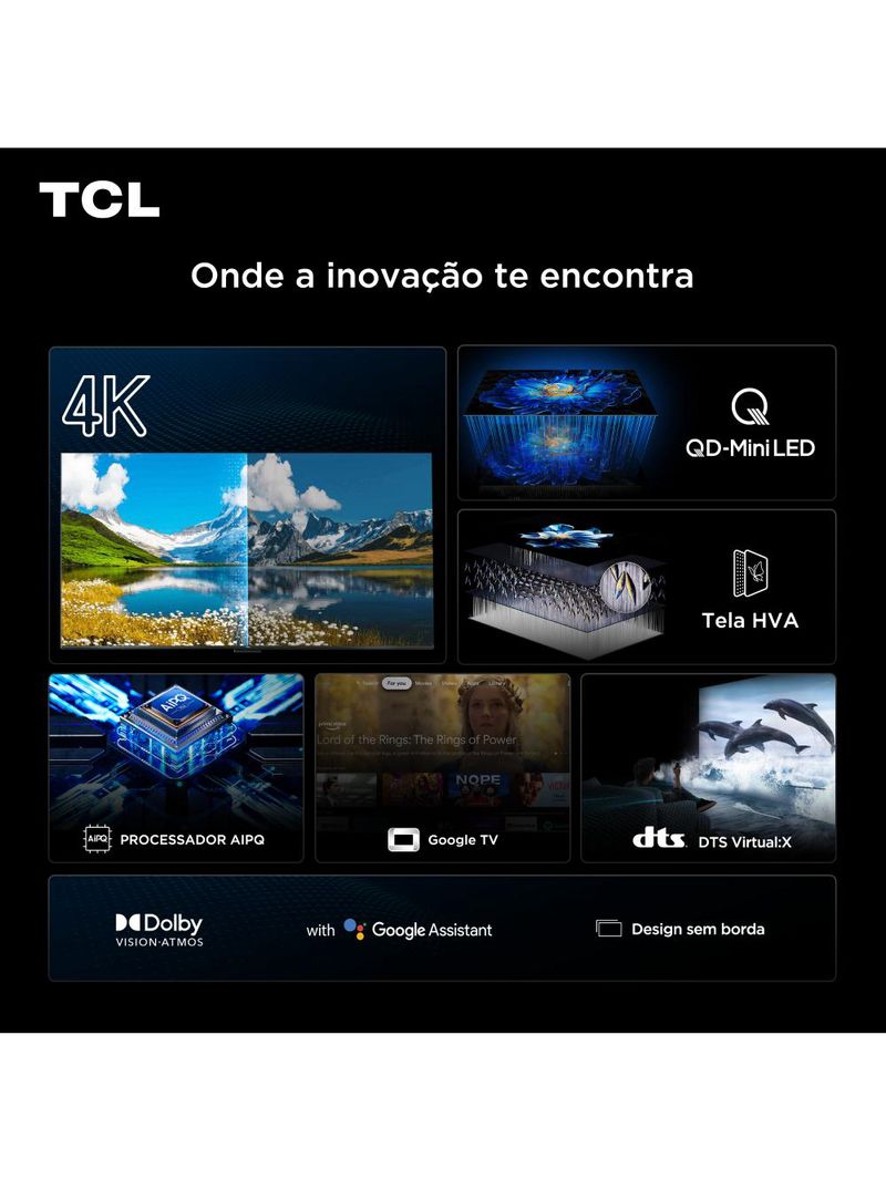 Smart tv tcl 50" 4k qd-mini led 50c6ks 60hz com sistema operacional google tv