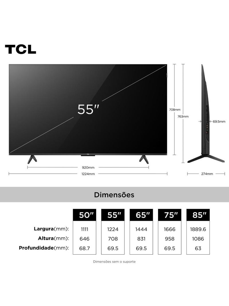 Smart tv 55” tcl 55p7k 4k qled 60hz hdr10+ dolby atmos dolby vision sistema operacional google tv