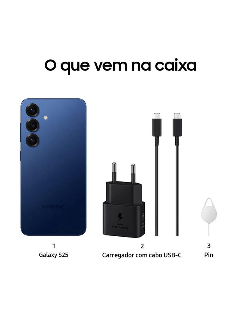 Smartphone samsung galaxy s25 5g, azul marinho 256gb, tela de 62", 12gb ram, ai inteligência artificial, ip68, snapdragon 8 elite e câmera tripla