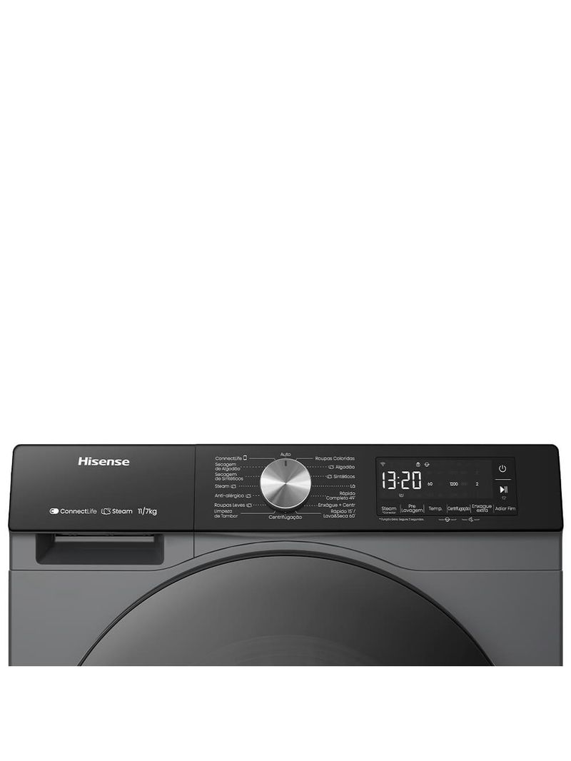 Lava e seca hisense 11/7kg wd3s11 com motor inverter, controle wi-fi, 13 programas de lavagem e 3 de secagem, painel touch - titanium
