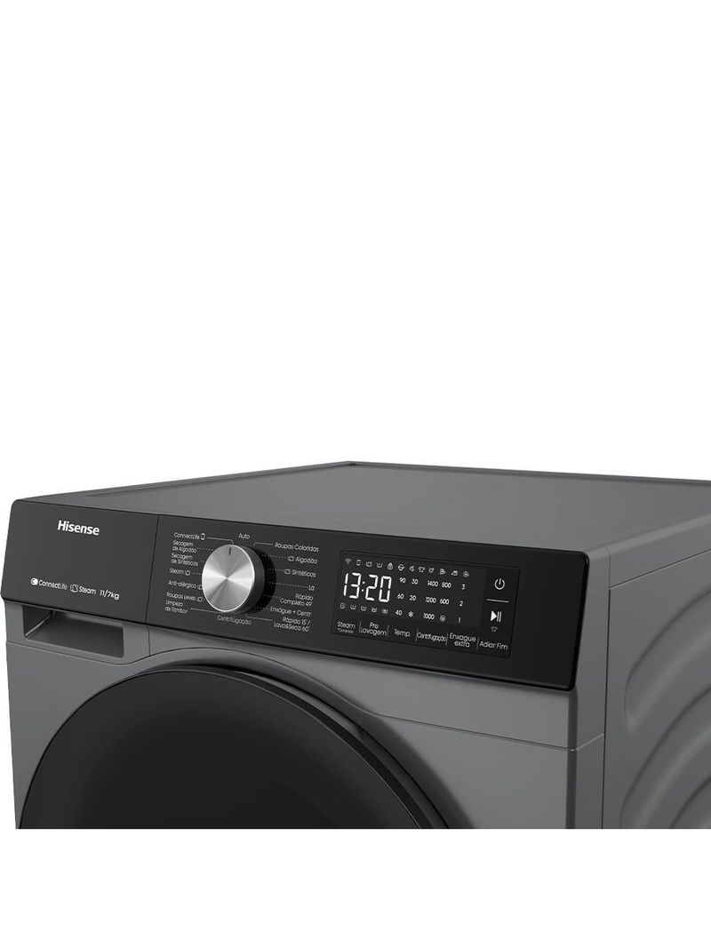 Lava e seca hisense 11/7kg wd3s11 com motor inverter, controle wi-fi, 13 programas de lavagem e 3 de secagem, painel touch - titanium