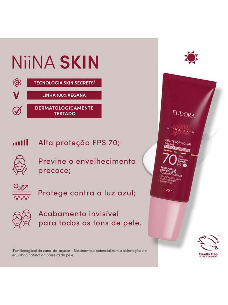 Protetor solar facial antioleosidade niina secrets by eudora fps70