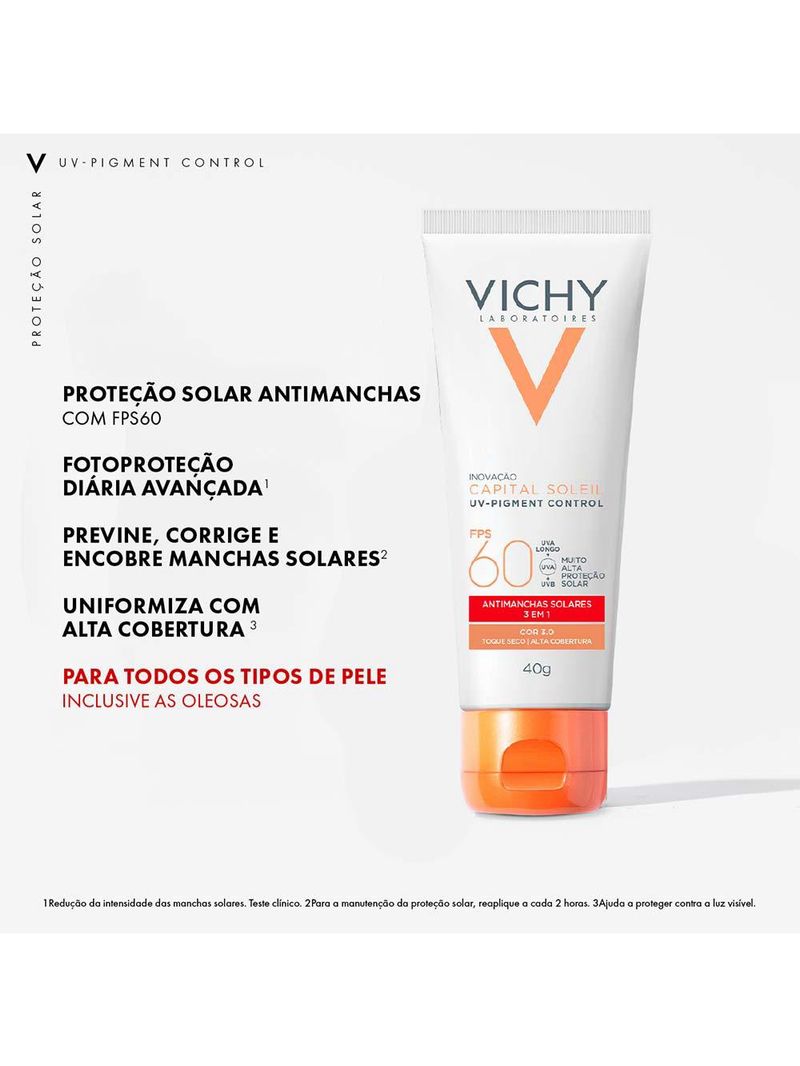 Protetor solar facial com cor vichy capital soleil - uv pigment control fps60