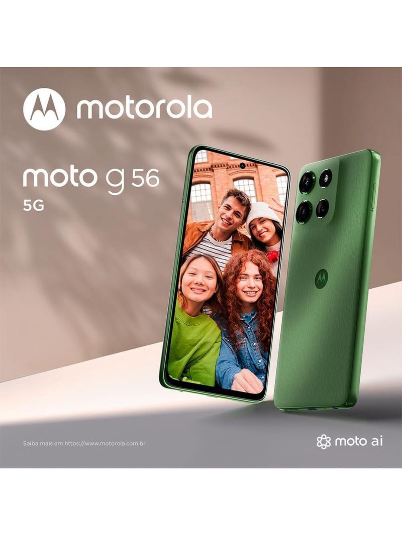 Smartphone motorola moto g56 5g tela 67” 256gb 8gb ram+16gb ram boost 50mp sony lytia 600 moto ai turbopower 33w ip69 desbloqueado verde