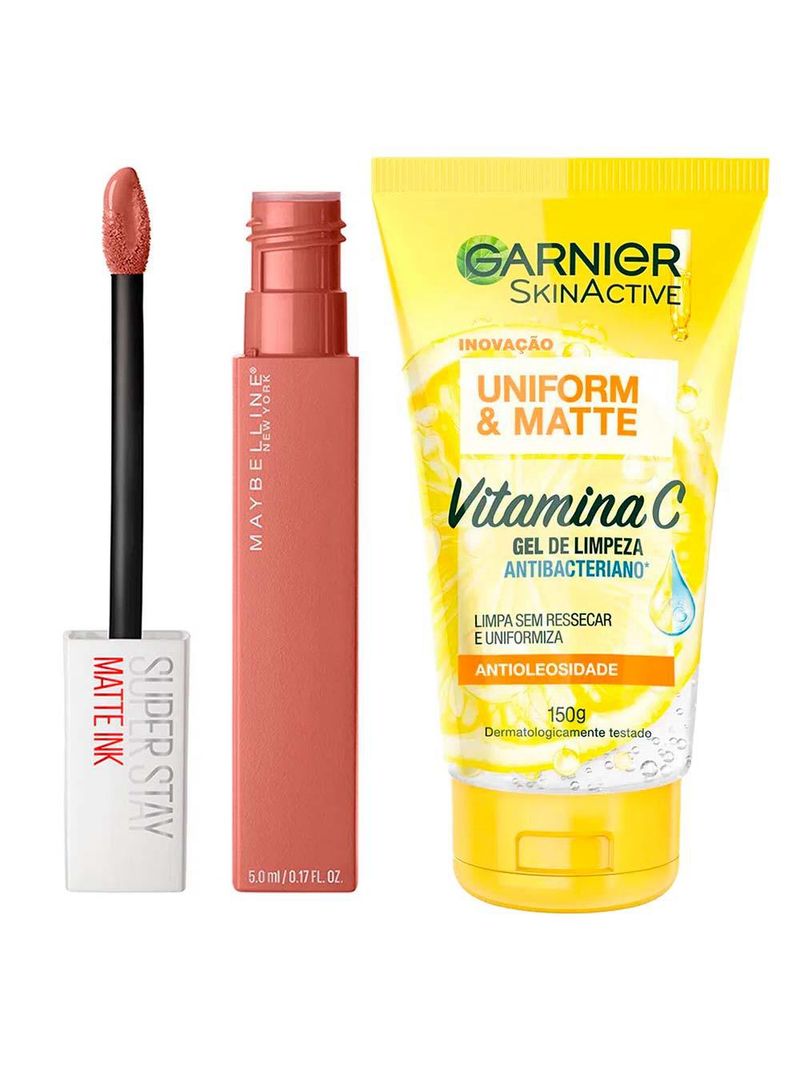 Garnier + maybelline kit – gel de limpeza facial vitamina c + batom líquido superstay matte ink