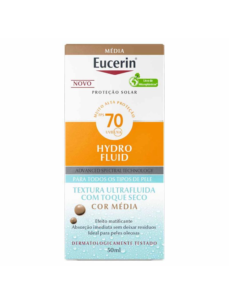 Protetor solar facial com cor eucerin hydro fluid fps70 50ml