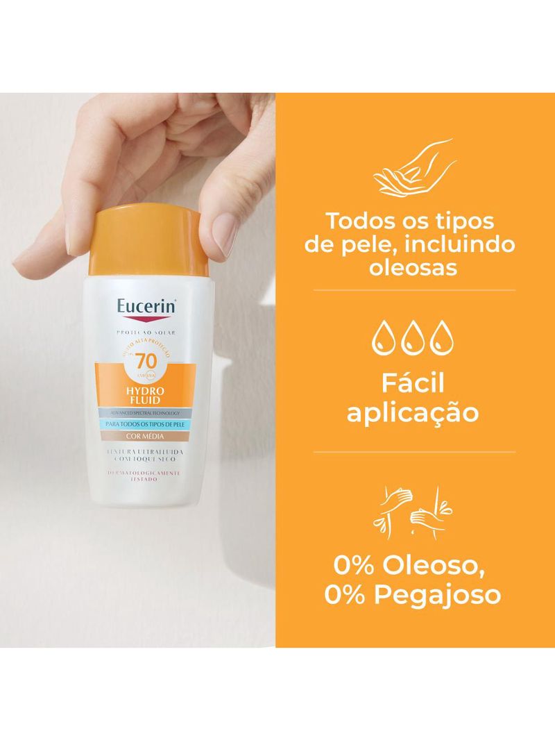 Protetor solar facial com cor eucerin hydro fluid fps70 50ml