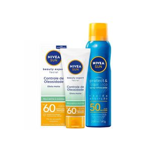 Nivea kit – protetor solar spray protect & toque seco fps50 200ml + protetor solar facial sun beauty expert pele oleosa fps50 50g