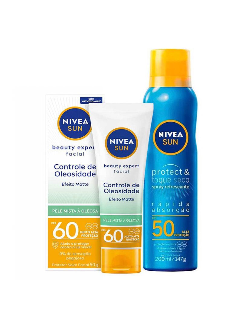 Nivea kit – protetor solar spray protect & toque seco fps50 200ml + protetor solar facial sun beauty expert pele oleosa fps50 50g