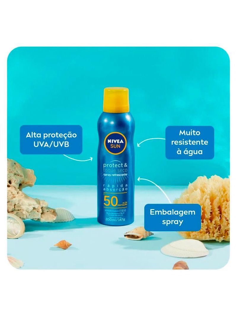 Nivea kit – protetor solar spray protect & toque seco fps50 200ml + protetor solar facial sun beauty expert pele oleosa fps50 50g