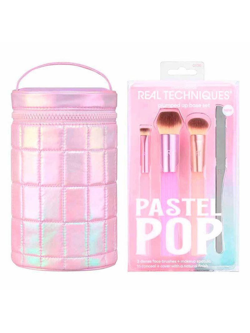Real techniques pastel pop kit - 3 pincéis para o rosto + 1 espátula de maquiagem + estojo para pincéis