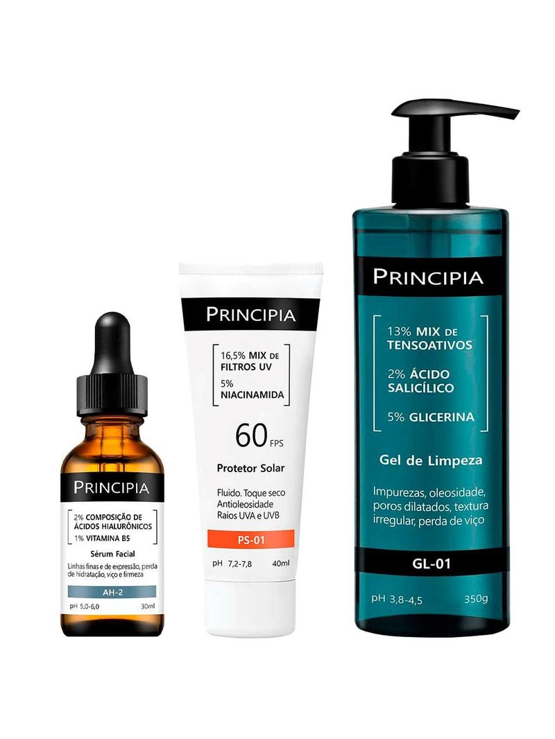 Principia kit - gel de limpeza facial + sérum + protetor solar facial