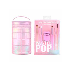 Real techniques pastel pop kit - 6 pincéis para olhos + 1 mini curvador de cílios + estojo para pincéis