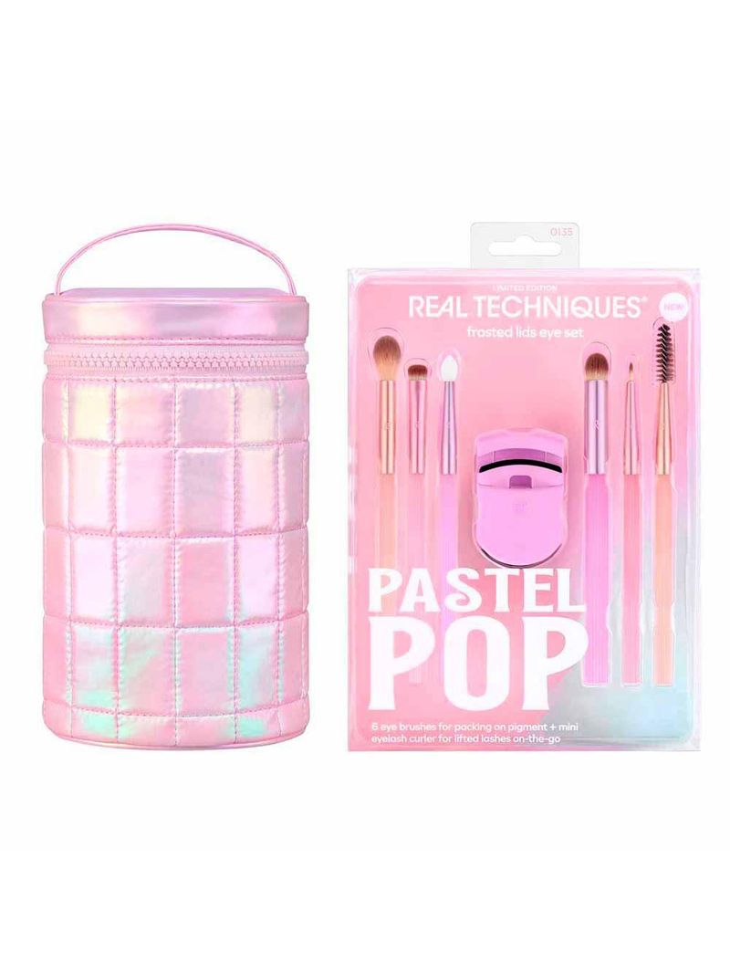 Real techniques pastel pop kit - 6 pincéis para olhos + 1 mini curvador de cílios + estojo para pincéis