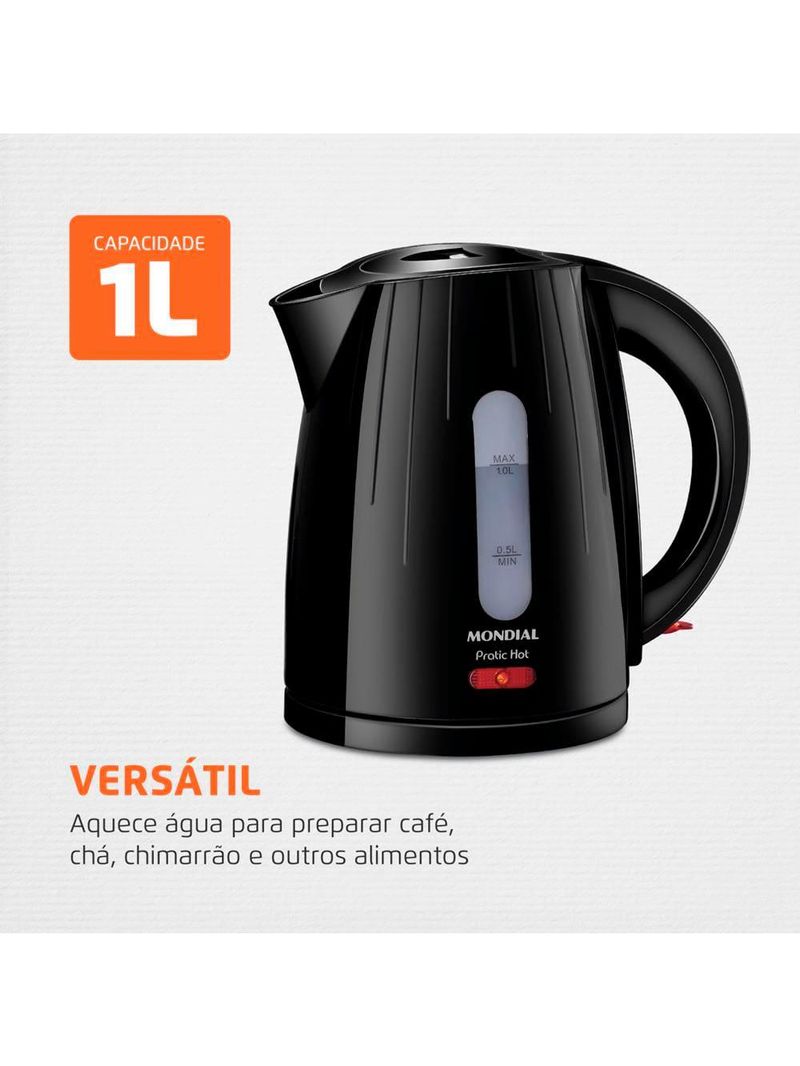 Chaleira mondial elétrica pratic hot com capacidade 1 litro ce-07 - preta