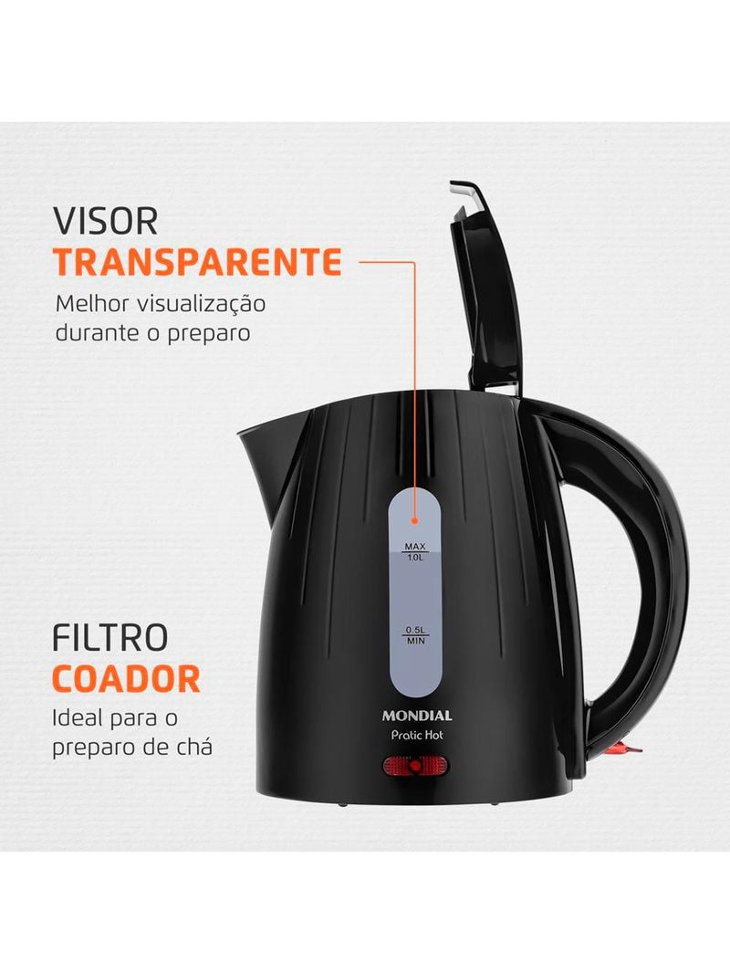 Chaleira mondial elétrica pratic hot com capacidade 1 litro ce-07 - preta