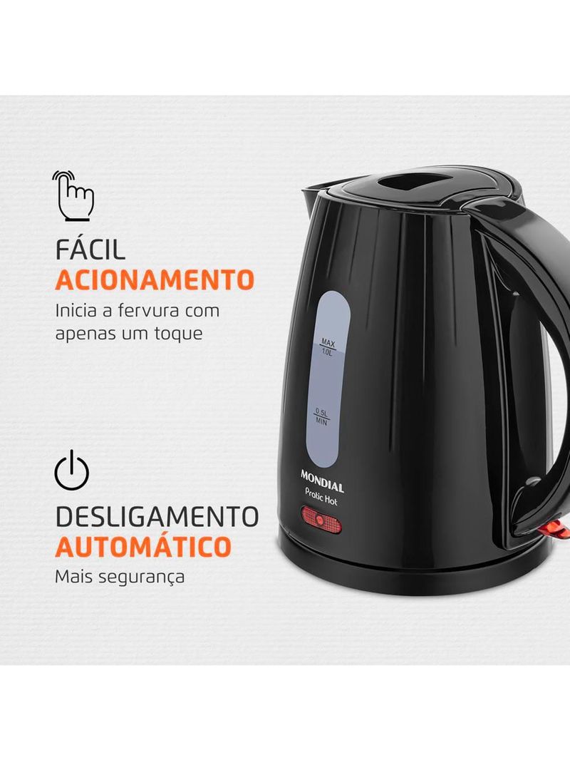 Chaleira mondial elétrica pratic hot com capacidade 1 litro ce-07 - preta