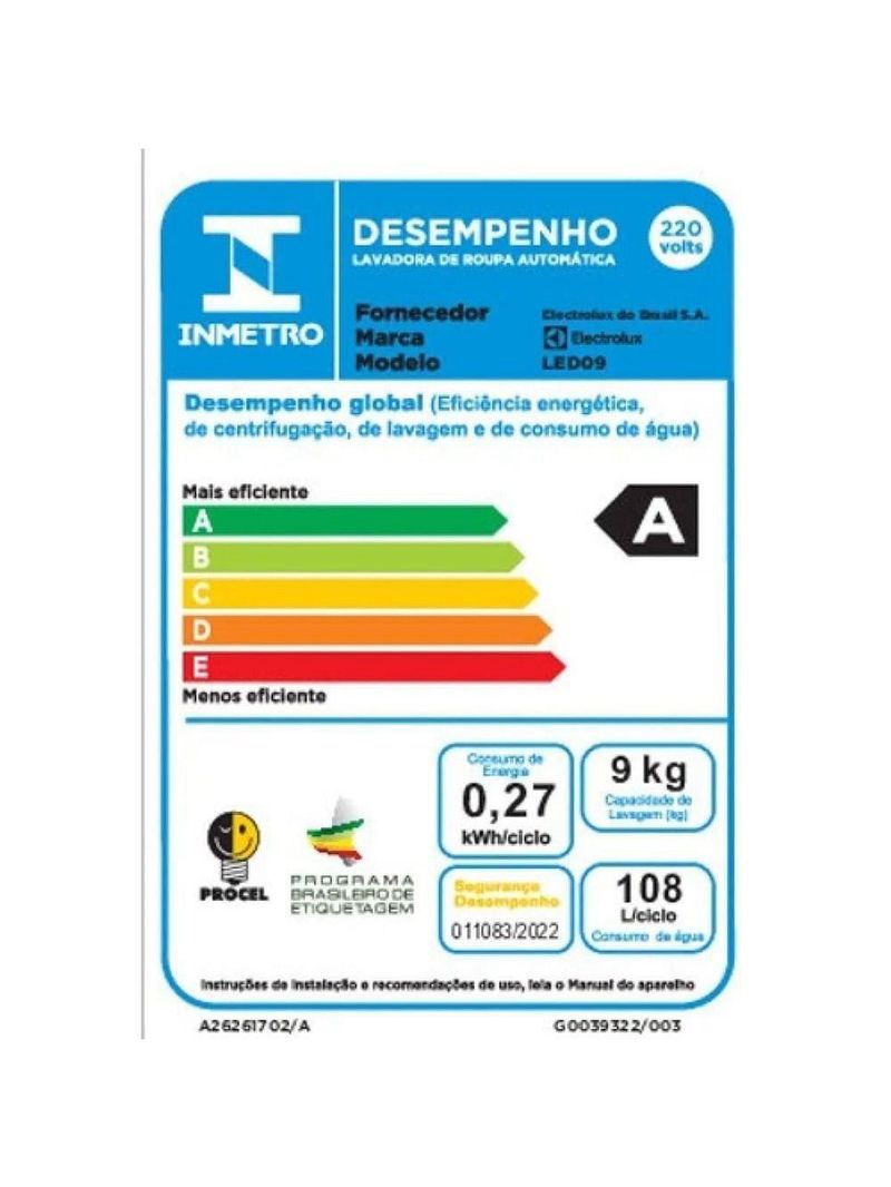 Máquina de lavar 9kg electrolux led09 efficient care turbo centrifugação branca