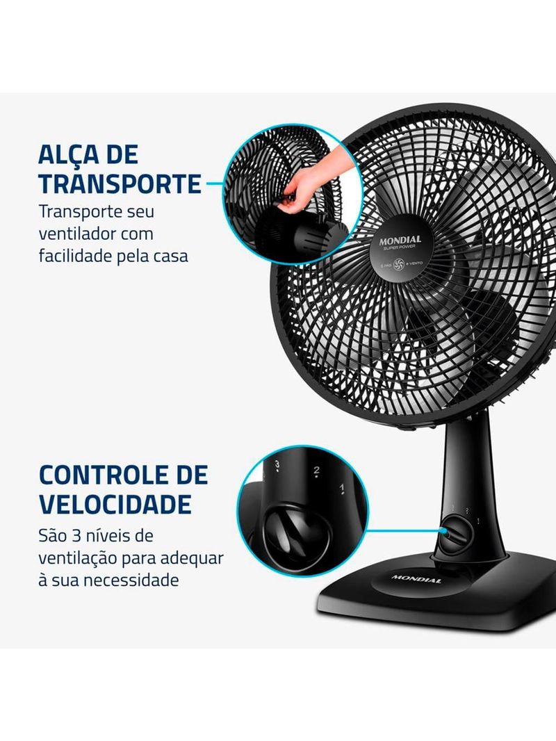 Ventilador de mesa 30cm mondial super power vsp-30-b 6 pás 3 velocidades - preto