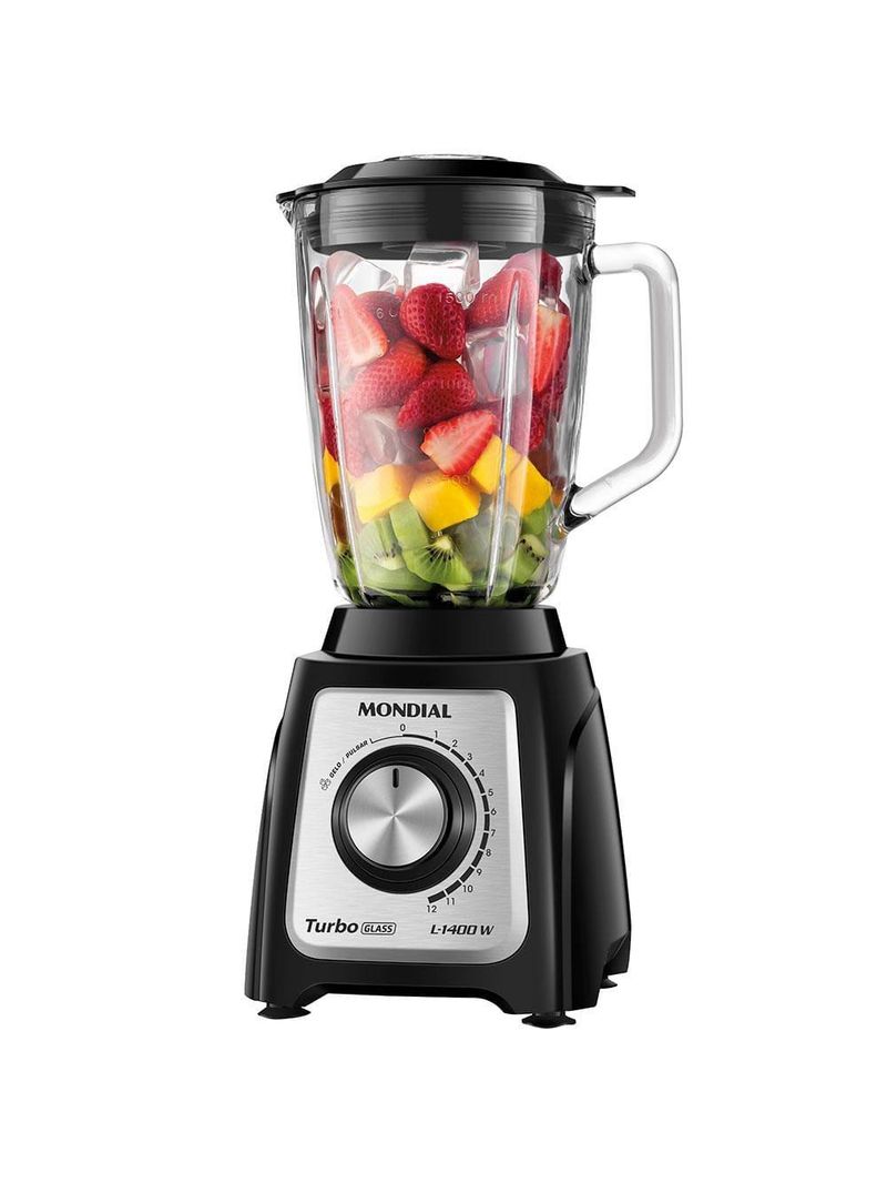 Liquidificador mondial turbo glass l-1400 gi preto/inox 1400w com jarra de vidro