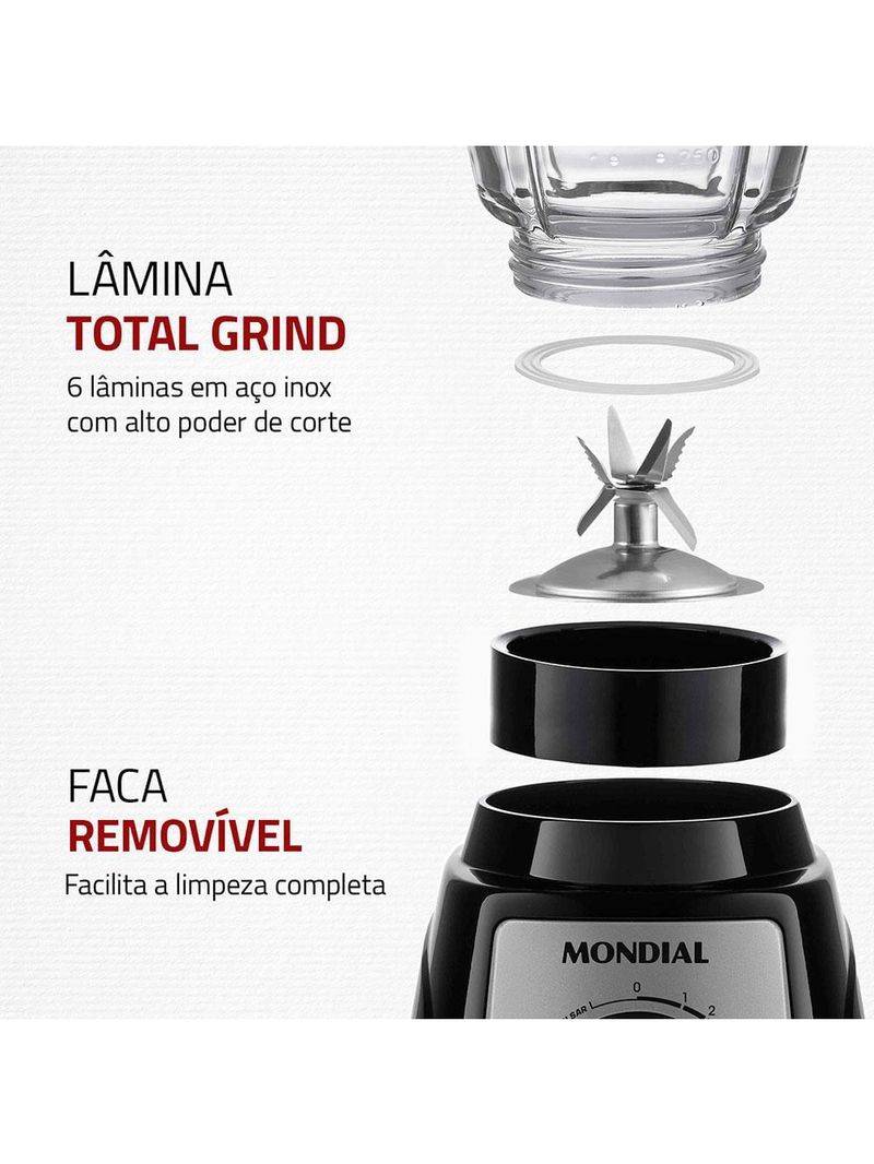 Liquidificador mondial turbo glass l-1400 gi preto/inox 1400w com jarra de vidro