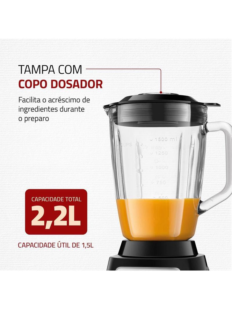 Liquidificador mondial turbo glass l-1400 gi preto/inox 1400w com jarra de vidro