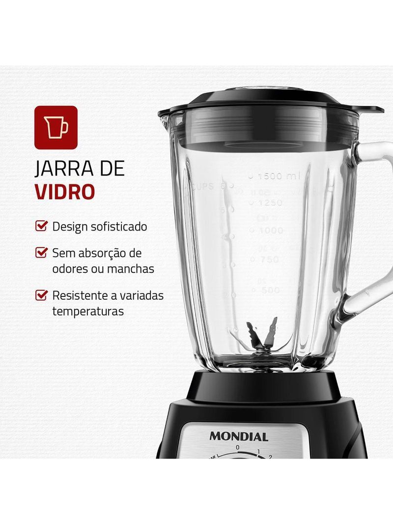 Liquidificador mondial turbo glass l-1400 gi preto/inox 1400w com jarra de vidro