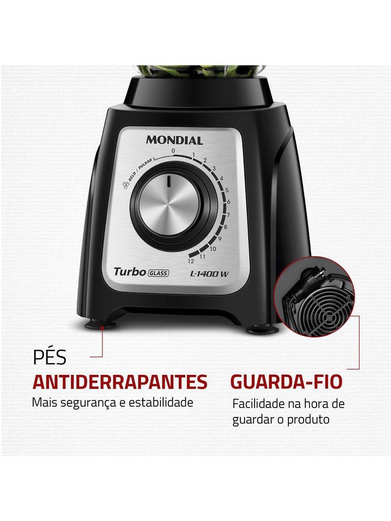 Liquidificador mondial turbo glass l-1400 gi preto/inox 1400w com jarra de vidro
