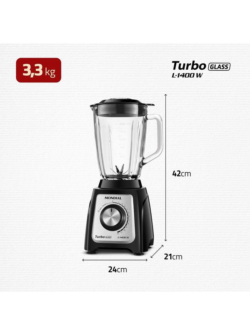 Liquidificador mondial turbo glass l-1400 gi preto/inox 1400w com jarra de vidro