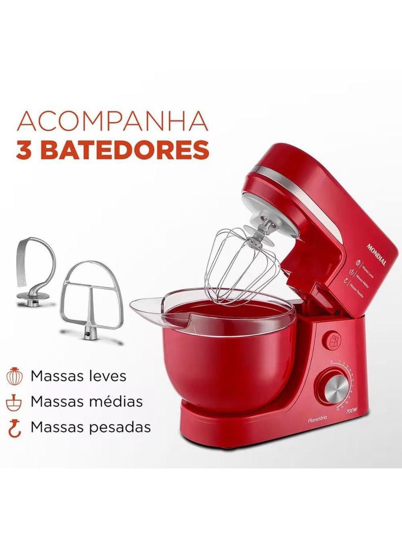 Batedeira planetária mondial bp-03 com 12 velocidades e 700w - vermelha
