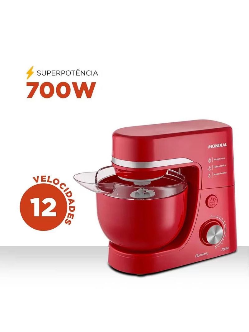 Batedeira planetária mondial bp-03 com 12 velocidades e 700w - vermelha