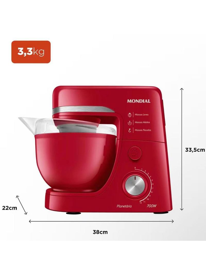 Batedeira planetária mondial bp-03 com 12 velocidades e 700w - vermelha