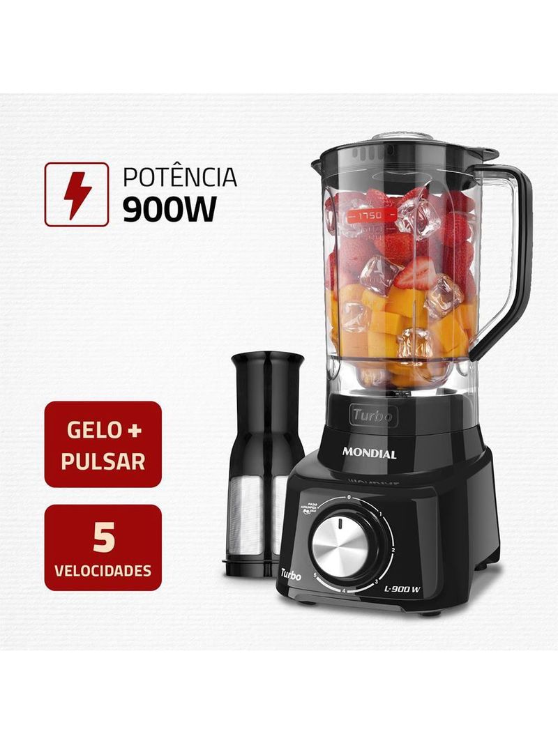 Liquidificador mondial turbo full black l900fb preto 900w com 5 velocidades