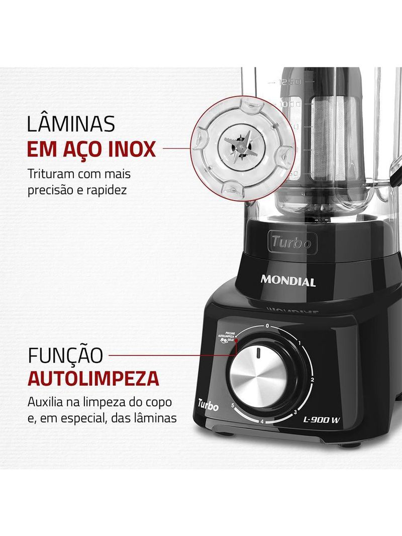 Liquidificador mondial turbo full black l900fb preto 900w com 5 velocidades