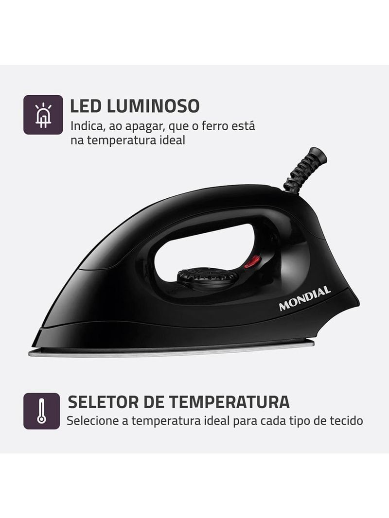 Ferro de passar a seco mondial fsn-55-b base em alumínio polido preto