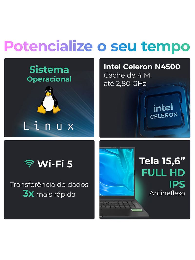 Notebook Positivo Vision C15M Intel® Celeron® N4500 Linux 8GB RAM 256GB eMMC 156" Full  HD IPS – Minitela - Cinza