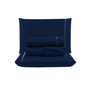 Jogo cama lençol unique king micro percal 400 fios ponto palito 4 peças - azul marinho