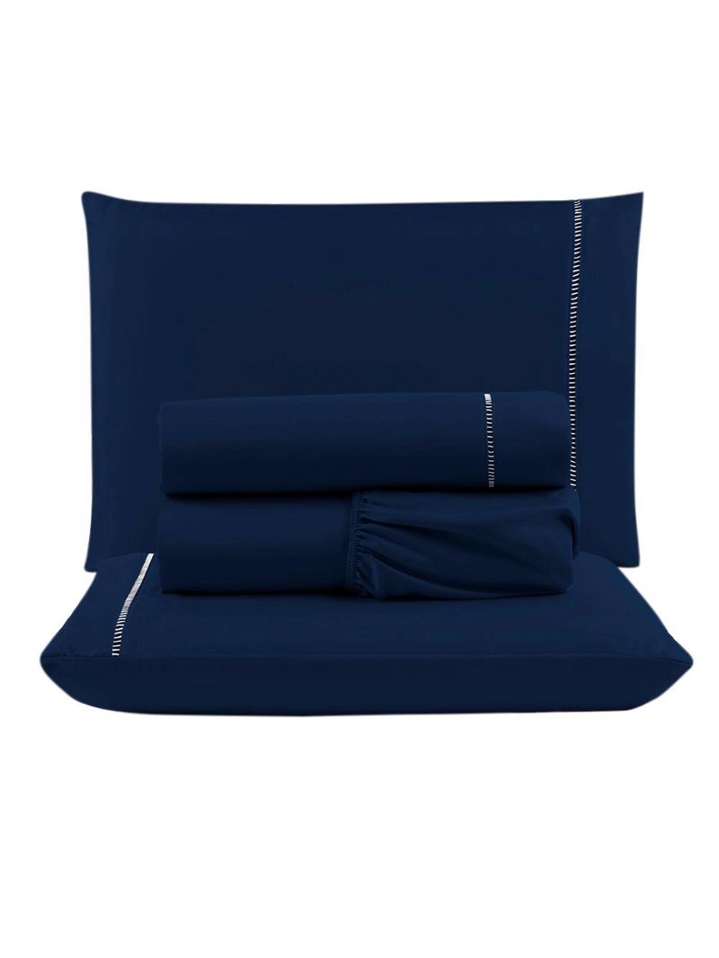 Jogo cama lençol unique casal padrão micro percal 400 fios ponto palito 4 peças - azul marinho
